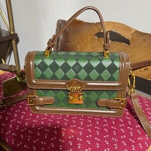 NWT e&ger leather Crossbody Elegant Green checks with brown leather.